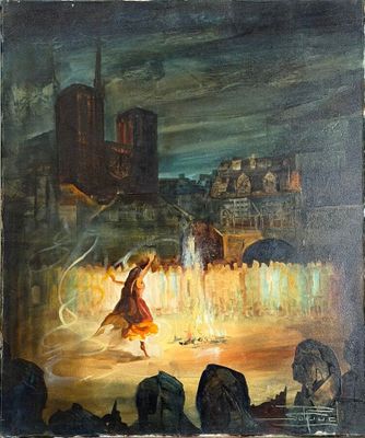 an image of a painting of a woman flying a kite over a city