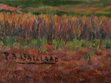 an oil painting of a field with trees and hills in the background