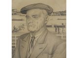 drawing of a man in a suit and hat with a baseball field in the background