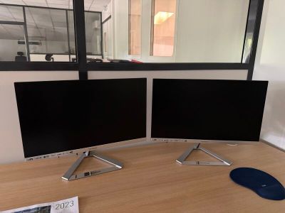 deux écrans d'ordinateur posés sur un bureau en bois