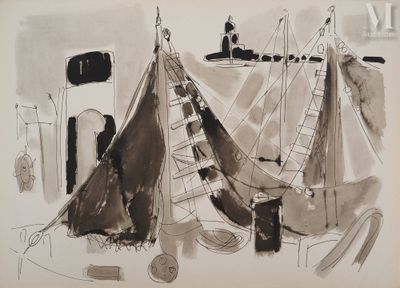 un dessin en noir et blanc représentant un bateau posé sur une table