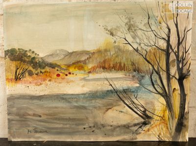 une image représentant une aquarelle représentant une rivière et des arbres
