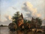 une peinture représentant un bateau dans l'eau près d'une maison