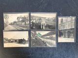 several old black and white photos of a train station and a train