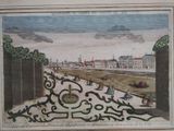 painting of a view of a city with a clock on the top of it