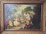 a painting of a group of people dancing in a park