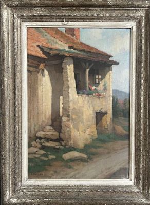 une peinture à l'huile représentant une maison avec un mur en pierre et un toit rouge