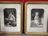 two framed pictures of a baby and a child sitting on a bed