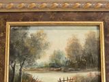 an oil painting of a river scene with a boat in the distance