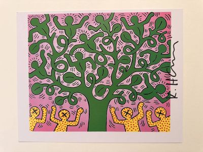 a picture of a painting of a tree with people around it