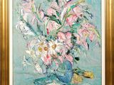 a painting of flowers in a blue vase on a table