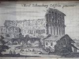 an old drawing of a building with a tower in the middle of it
