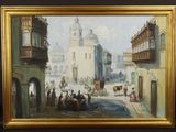 tableau représentant une scène de rue avec une calèche au premier plan et une église à l'arrière-plan