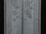 a glass door with a drawing on it in a room