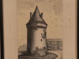 an old black and white drawing of a castle with a tower