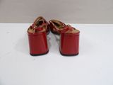 red leather shoes with gold buckles on the toes