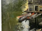 an oil painting of a boat docked at a dock in a harbor