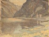 une image représentant un tableau représentant un paysage de montagne avec un bateau sur l'eau