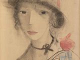 dessin représentant une femme coiffée d'un chapeau, tenant une fleur à la main