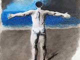 painting of a man standing on a beach with his arms spread out
