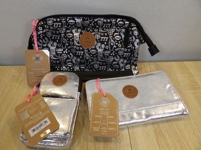 three bags that are sitting on a wooden table
