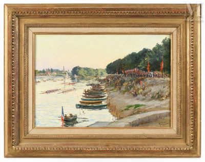 a painting of boats on the water with people on the shore