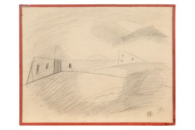 dessin au crayon représentant une maison sur une colline, avec le ciel en arrière-plan