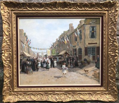 an oil painting of a street scene with people walking down the street