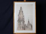 an image of a drawing of a church on a easel
