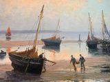 a painting of a group of boats on the beach