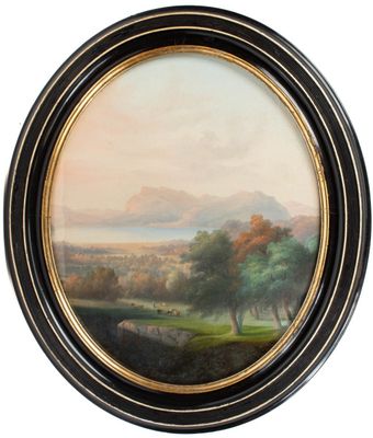 ECOLE DU XIXE Paysage lacustre huile sur toile