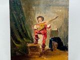 painting of a young boy playing a lute on a table