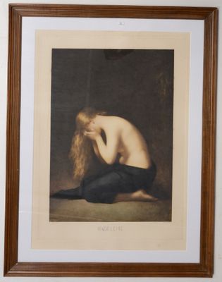 tableau représentant une femme nue assise par terre, la tête entre les mains