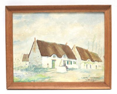 an image of a painting of a thatched house with a woman walking by