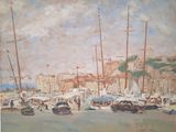 une peinture de bateaux dans un port avec des bâtiments à l'arrière-plan