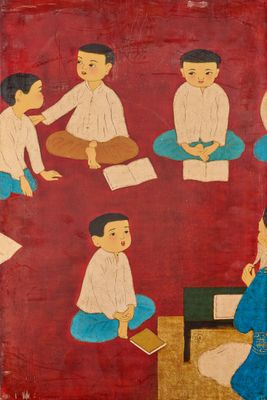 un tableau représentant un groupe de personnes assises par terre