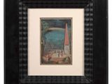 painting of a church with a red steeple in a black frame