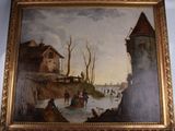 peinture représentant une scène hivernale avec des personnages sur un lac gelé