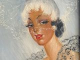 an oil painting of a woman in a white dress with a feather on her head