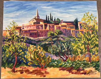Gisèle RENAUT (XXe), Huile sur toile représentant un village…