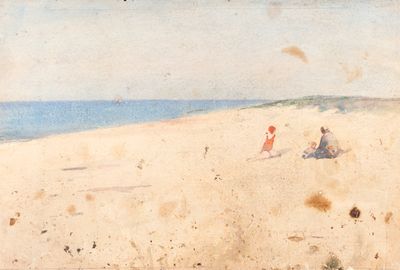 a painting of two people sitting on a beach