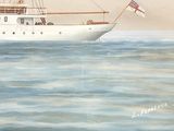 a painting of a boat in the water with a flag on it