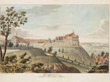 painting of a view of a castle on a hill overlooking a town