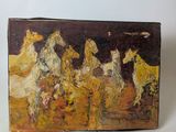 a painting of a group of horses running on a field