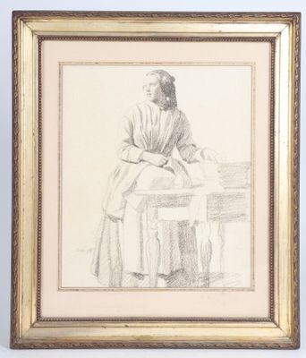 a drawing of a woman sitting on a table with her legs crossed