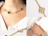 two pictures of a woman wearing a green bracelet and a white shirt