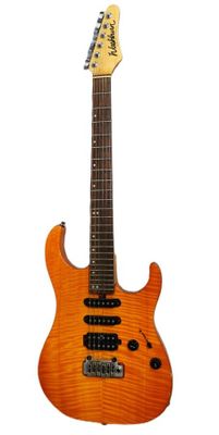 an orange electric guitar sitting on top of a white surface