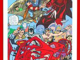la couverture d'une bande dessinée, avec un cadre rouge et l'image d'un groupe de super-héros