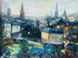 une peinture à l'huile représentant une vue d'une ville depuis une colline