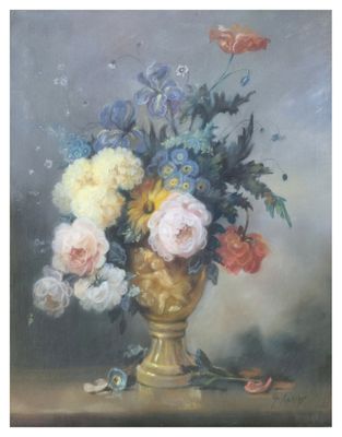 a painting of flowers in a gold vase on a table